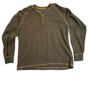 Red Head Mens Long Sleeve Henley Shirt L/XL Green With Yellow Stitching Cotton B